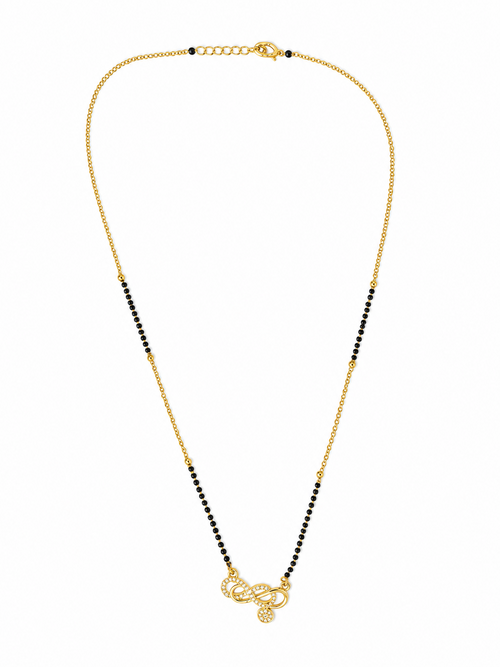 A delicate gold chain necklace featuring a central row of small black beads and a butterfly-shaped clasp, displayed on a clean white background.