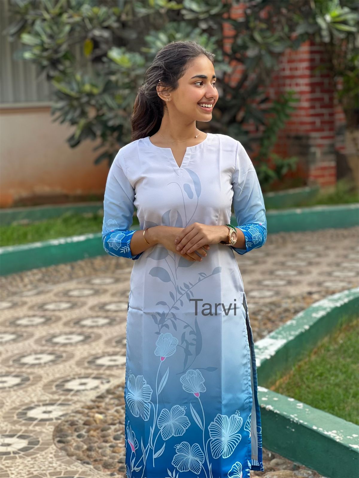 Light Grey and Blue Crepe Silk Kurti with Dupatta