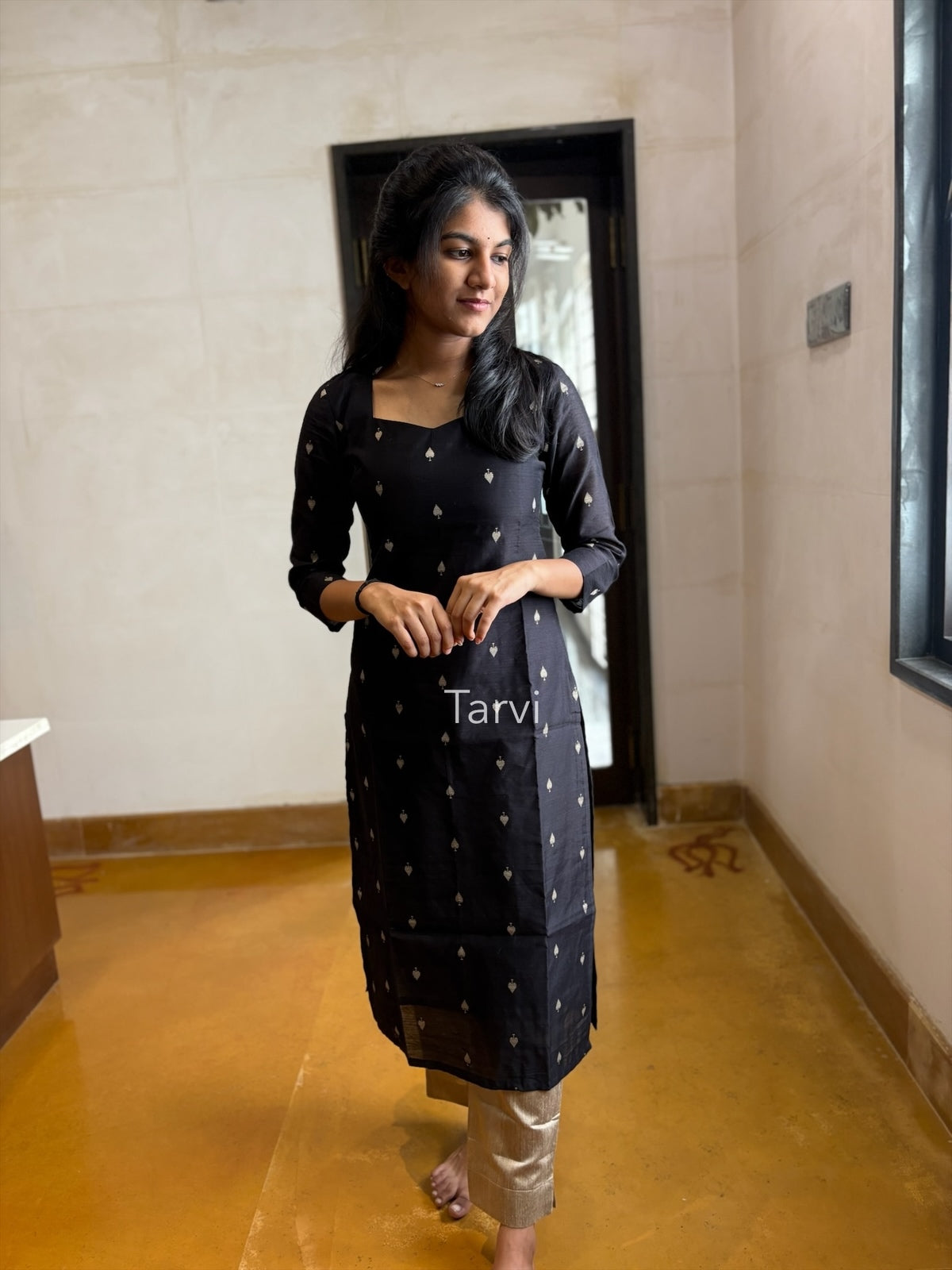 Black Raw Silk 3 pc Kurti Set with Zari Butta, Dupatta and Pant with Pocket